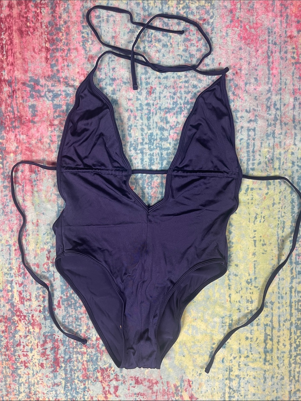 American Apparel Navy Purple Halter One-Piece Swimsuit
